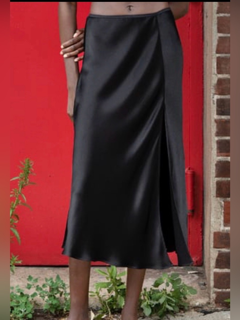 Zara Black Satin Side-Slit Midi Skirt